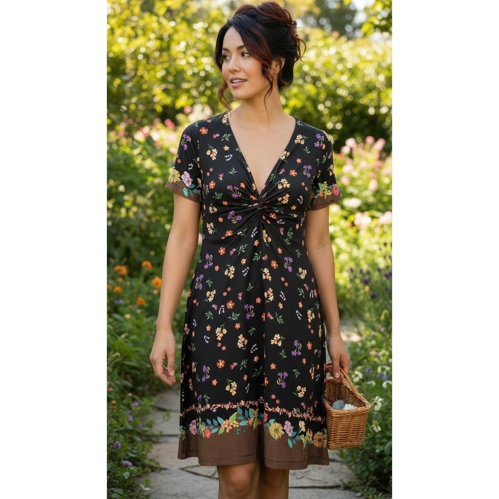 Johnny Was Black Floral Bamboo Twist Front V-Neck Dress Romantic Garden Party XS